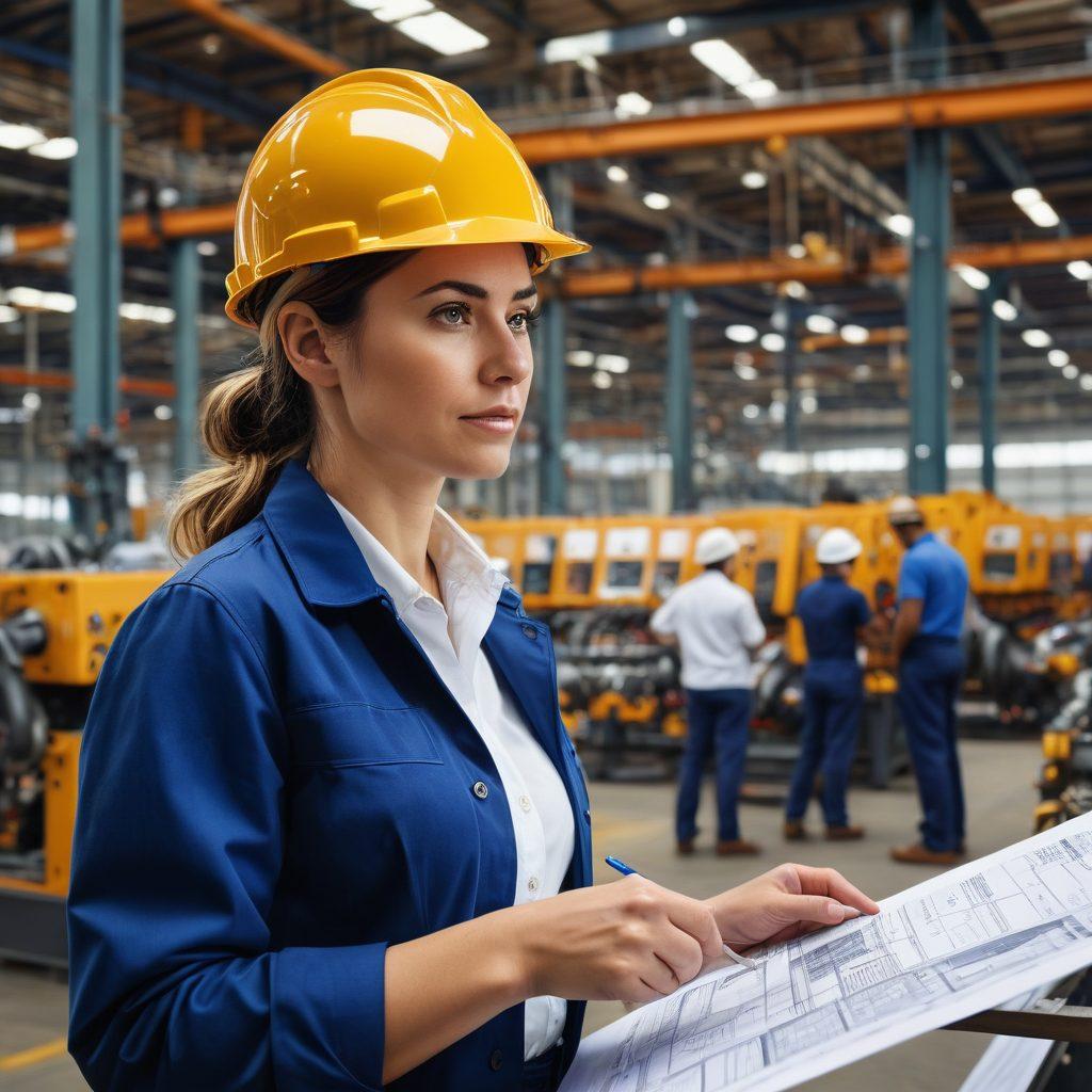 A confident woman in a hard hat, analyzing blueprints in a bustling cable factory, surrounded by safety equipment and insurance documents. She embodies resilience and empowerment, highlighting the significance of comprehensive insurance in a male-dominated industry. The background features intricate cable machinery, symbolizing the challenges faced. Use vibrant colors and a super-realistic style to portray energy and strength.
