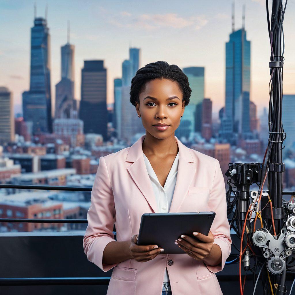 A strong, confident woman entrepreneur in a cable installation setting, surrounded by tools and equipment, with a backdrop of vibrant city skyline. She is reviewing a customized insurance plan on a tablet, portraying empowerment and professionalism. Incorporate elements like cables and gears symbolizing her industry, with soft pastel colors to convey a sense of warmth and support. super-realistic. vibrant colors. white background.