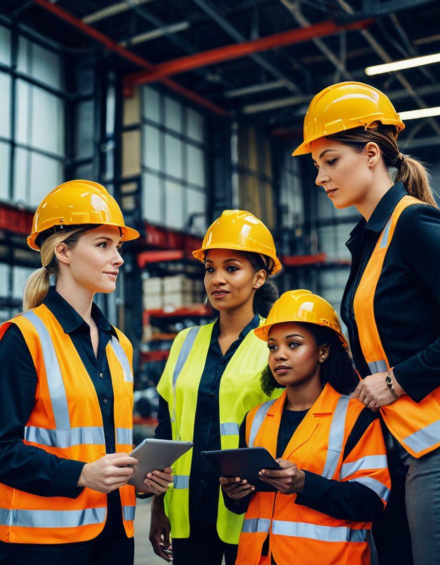 A diverse group of strong, empowered women in hard hats and safety gear, discussing insurance solutions with digital tablets in a modern cable industry setting. Include cables and machinery in the background, alongside charts showing affordable insurance plans. The scene conveys collaboration, determination, and innovation. colorful, dynamic, modern illustration.